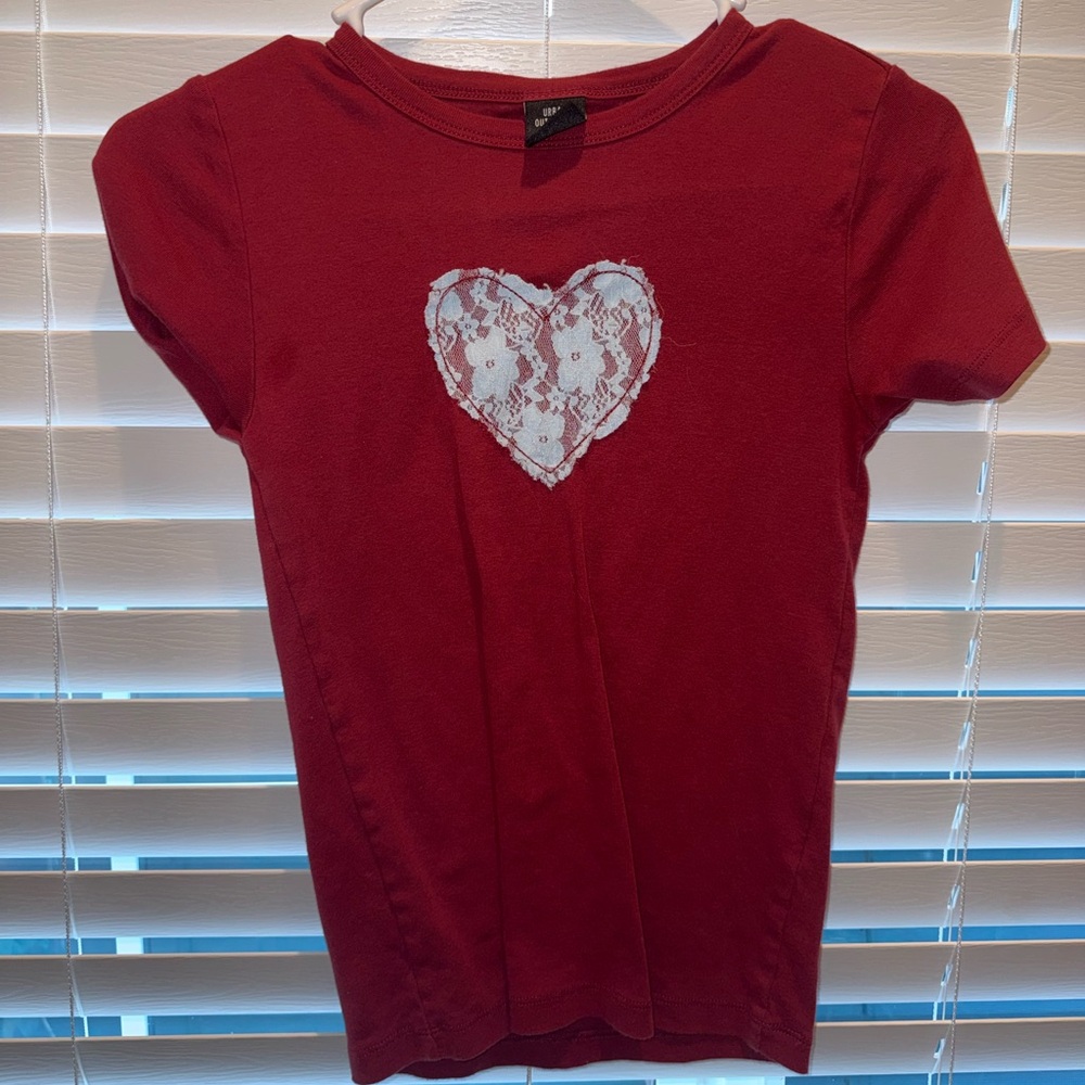 Urban Outfitters Red Short Sleeve Tee with White Lace Heart